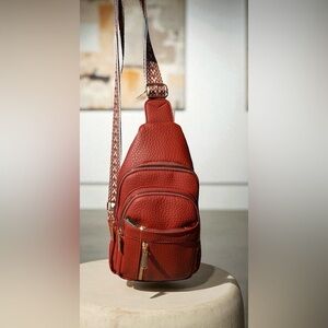 New Red Crossbody Sling Bag With Adjustable Guitar Strap Multiple Zip Pockets